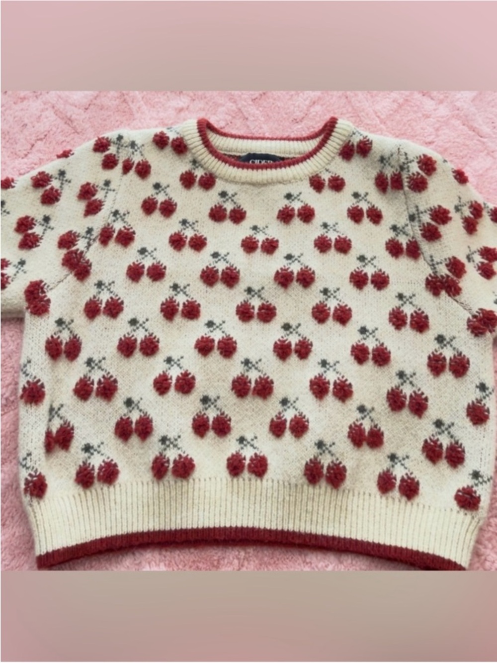 Cider Cream Knit Scoop Neck Sweater with Red Cherries Motif Size XL - Picture 4 of 7